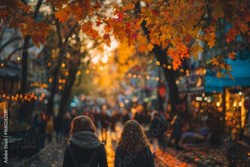 Friends walk down autumn street with bokeh lights and fall leaves