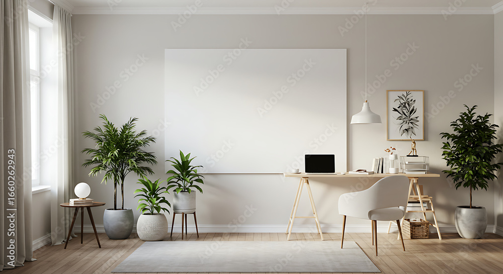 Fototapeta premium Bright and modern home office interior with a wooden desk, laptop, white chair, and several potted green plants, featuring a large blank canvas on the wall.