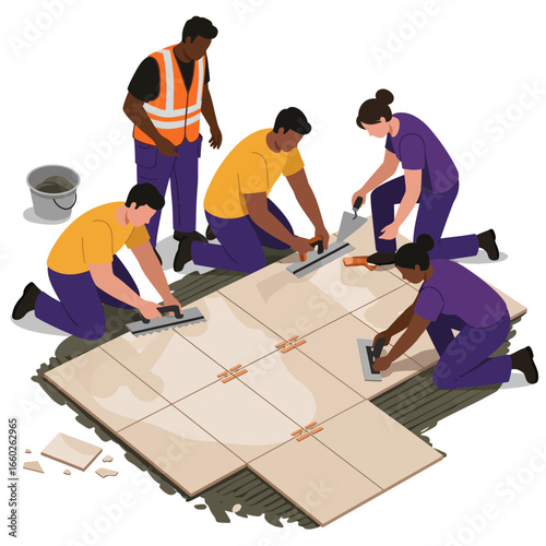 A diverse team of skilled professionals collaboratively installs large floor tiles, demonstrating teamwork, precision, and expert craftsmanship in home improvement.