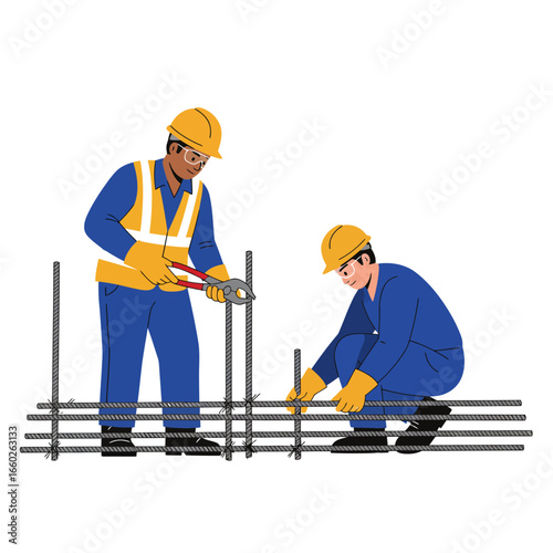 Two diligent construction workers in safety gear meticulously assemble steel rebar framework for a new building foundation, showcasing teamwork and precision.