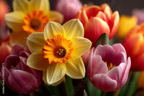 Vibrant spring bouquet of daffodils and tulips in full bloom