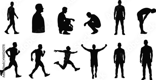 Male figure silhouette set, man walking, running, standing, squatting poses, black vector collection, human activity, motion, emotion, body gesture
