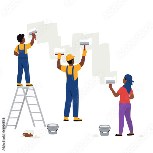 A diverse group of professional painters works together, carefully applying fresh white paint to a wall, symbolizing teamwork and home renovation efforts.