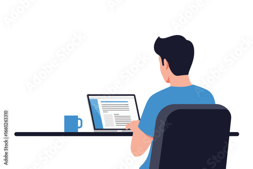Rear view of a male character in a blue tshirt using a laptop at a modern minimalist desk