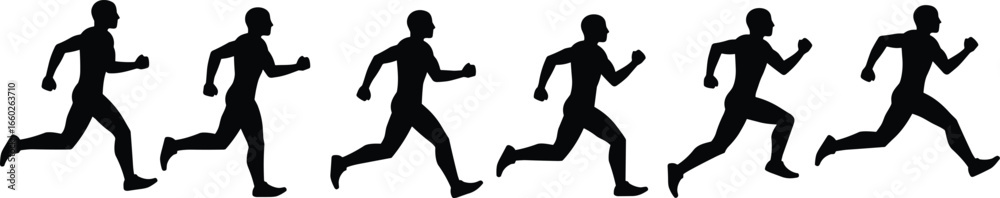 Obraz premium Running man silhouette set, athletic male poses in motion sequence, fitness and sports vector illustration for exercise, movement, and health design themes