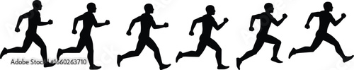 Running man silhouette set, athletic male poses in motion sequence, fitness and sports vector illustration for exercise, movement, and health design themes