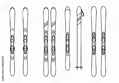 Line art illustration of various ski equipment, featuring multiple pairs of alpine skis with bindings and ski poles, ready for winter sports and recreation.