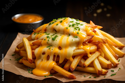 Delicious cheesy fries loaded with gooey melted cheese and toppings