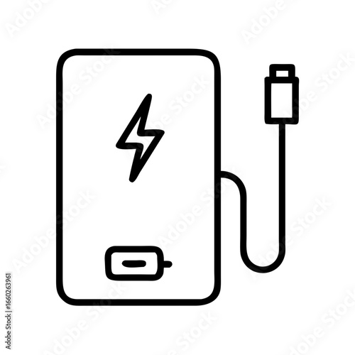 Portable power bank with charging cable and lightning symbol  