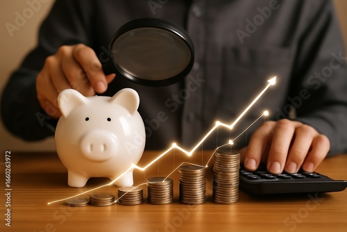 Person examining piggy bank and coins with magnifying glass and calculator nearby closely