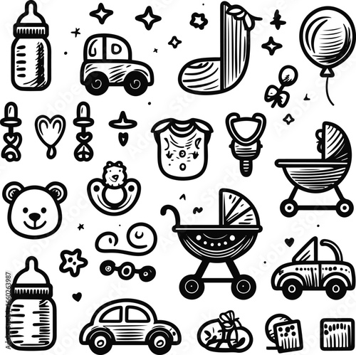 baby and kids icon set, minimal doodle style, bold smooth ink line art, professional high-quality vector illustration. Includes baby bottle, pacifier, toy block, teddy bear, stroller, bib, rattle, cri