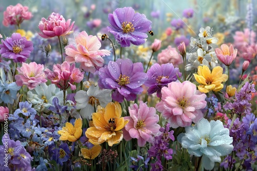 Vibrant garden blooms after rain with buzzing bees