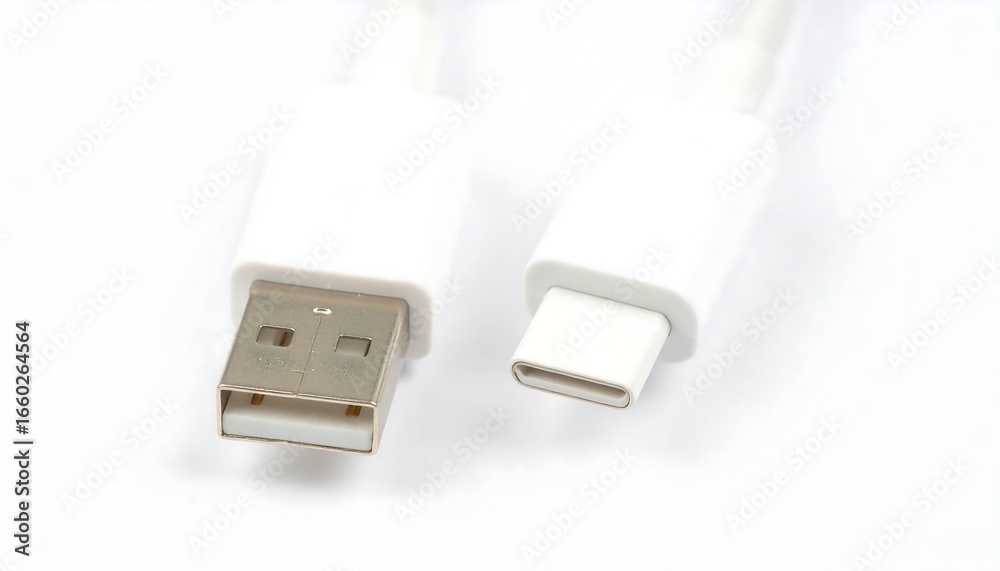 Fototapeta premium Close-up of a white USB-A and USB-C charging cable connector set against a white background.