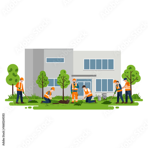 A team of professional landscapers diligently works to enhance the garden and outdoor space of a contemporary residential home.