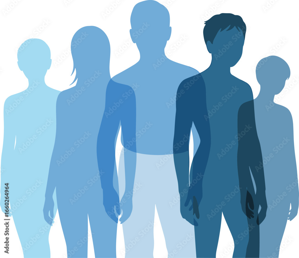 Silhouettes of diverse people, blue gradient figures, family group illustration, social diversity concept, unity, equality, modern fla Silhouettes of diverse people, blue gradient figures, family group illustration, social diversity concept, unity, equality, modern fla