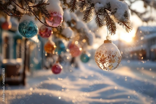 Festive Christmas ornaments sparkle on snowy tree branch at sunset