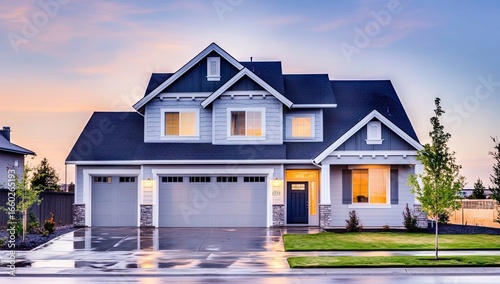 Suburban home at twilight, lit windows, wet driveway