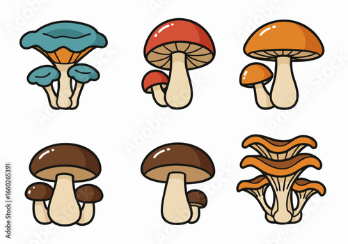 Colorful cartoon mushrooms illustration set. Various types of edible and fantasy fungi with bold outlines on a white background, perfect for educational or decorative designs.