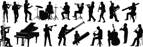 Silhouettes of musicians playing musical instruments, jazz and classical performers, band vector illustration, black isolated figures on white 