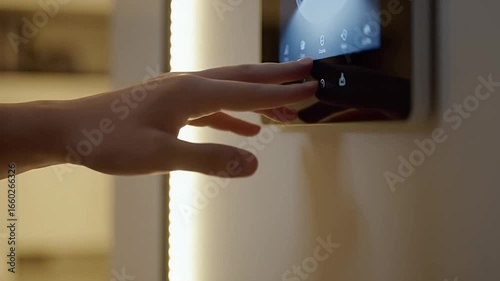 Hand Touching Smart Home Interface On Wall