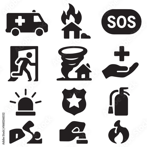 Glyph pictograms of ambulance, fire, police, SOS, evacuation, natural disaster 
response, medical aid, law enforcement, Emergency and safety icon set. vector