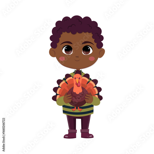 A black cute smiley boy wearing a striped sweater and wellington boots holds a turkey in his arms. Cozy flat cartoon thanksgiving character illustration. Cheerful and festive mood.