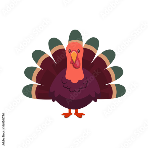 A turkey with a red beak and green feathers. Cozy flat cartoon thanksgiving character illustration. Cheerful and festive mood.