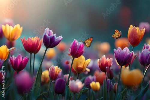 Vibrant tulips bloom with butterflies in soft morning light