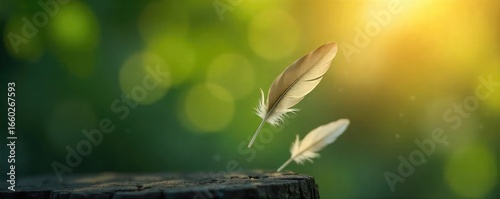 Ethereal Single Feather Gently Falling in Sunlight, Peaceful Nature Background, Tranquil Garden Scene