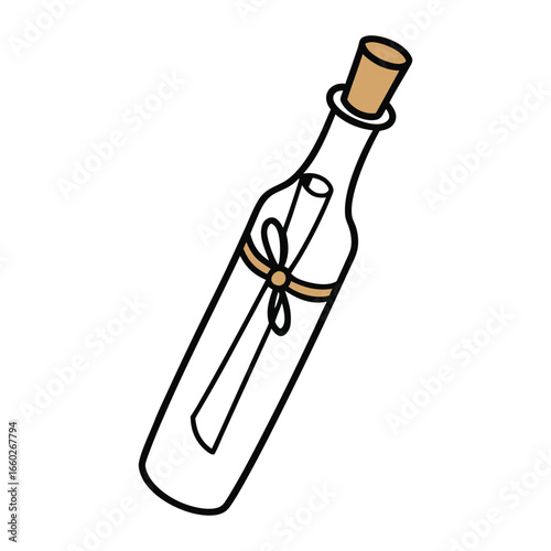 Simple illustration of a glass bottle with a cork and a rolled paper message tied with string