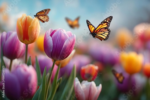 Vibrant tulips bloom with butterflies fluttering in sunny spring meadow