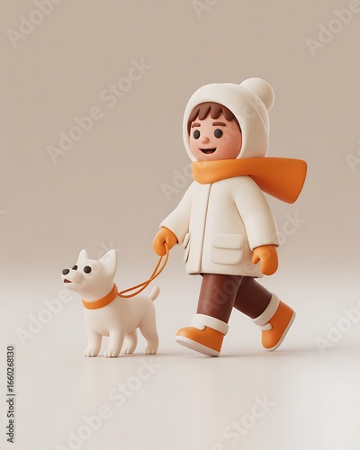 Cartoon boy in winter clothes walking a dog on a leash in a simple scene