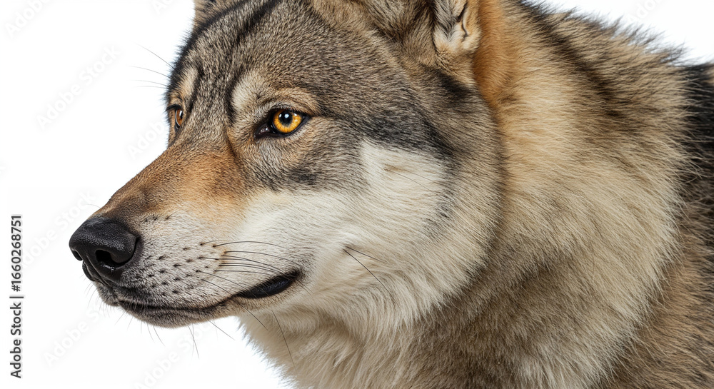 Fototapeta premium dog, alpha, wild, canine, portrait, fur, tousled, eyes, gaze, confident, strong, intelligent, predator, mammal, beast, studio, whitebackground, isolated, animal, closeup, facial, expression, majestic,