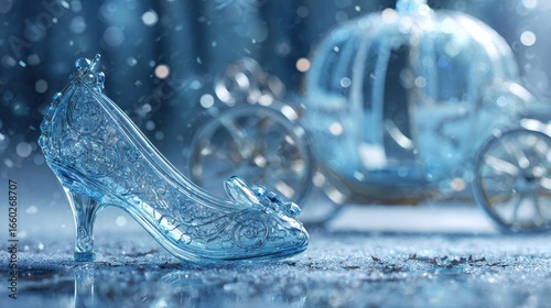 Cinderella Background. Glass Slipper, Carriage and Princes in Fairy Tale Love Story