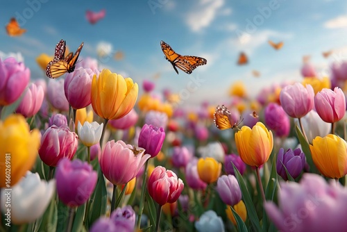Vibrant tulips bloom as butterflies flutter in sunny spring meadow