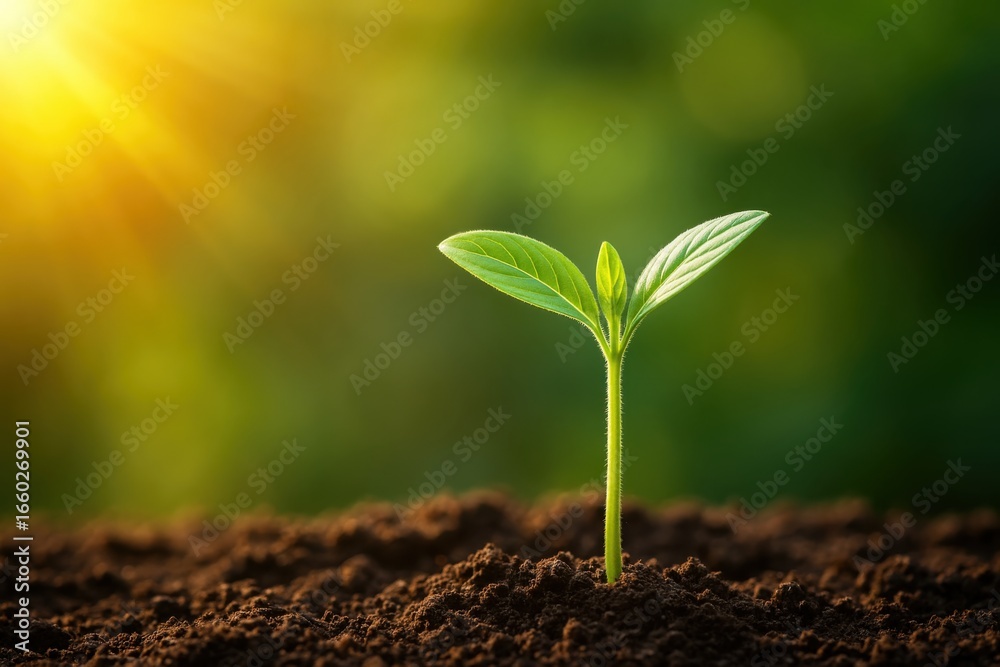 Fototapeta premium Seedling emerging from rich soil bathed in sunlight symbolizing growth and new beginnings