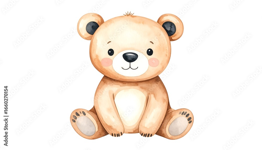 Obraz premium A charming, hand-drawn teddy bear, sitting in a peaceful pose, with soft, muted tones and a sweet, innocent expression, is highlighted against a pure white background.
