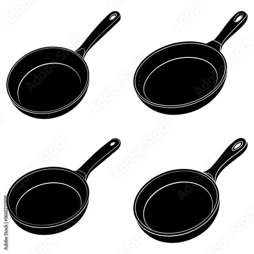 A collection of four black frying pans with handles arranged in a symmetrical pattern on white background