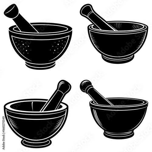 Collection of four mortar and pestle illustrations in black and white on a white background