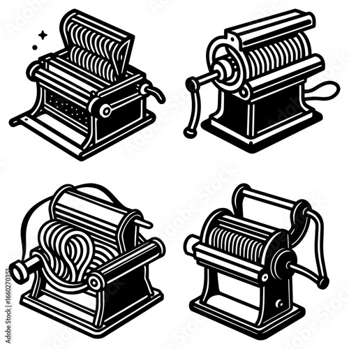 Four isometric illustrations of pasta making machines with crank handles and rollers in black and white
