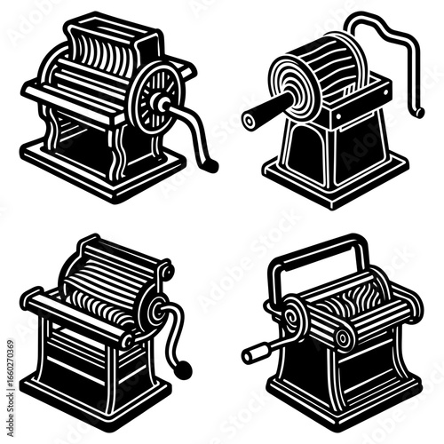 Four vintage wringer washing machines in black and white line art style arranged in a square format