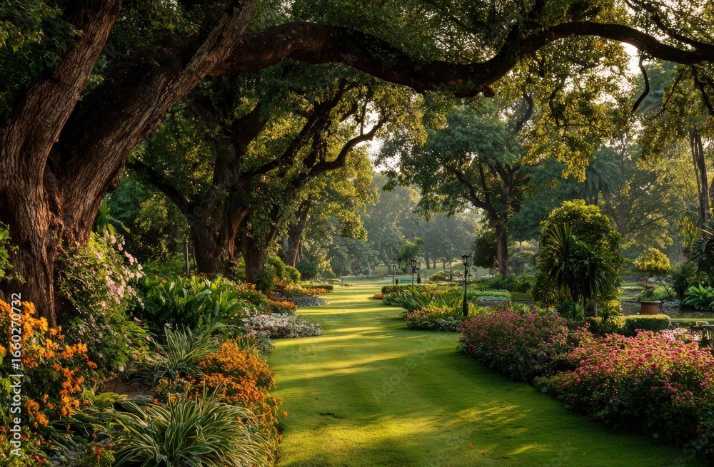Fototapeta premium Lush, sun-dappled garden pathway winding through diverse flora, framed by ancient trees, evoking serenity and natural beauty