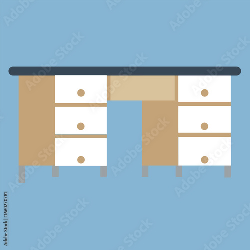 Isolated wood and white desk showcasing minimalist design with light blue background