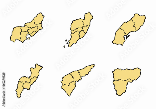 Set of Abstract Stylized Map Shapes with Internal Divisions in Yellow and Black Outline on White Background.