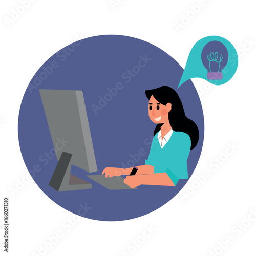 Smiling woman working at computer while an idea appears in a thought bubble