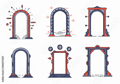 Set of six colorful flat design fantasy portals and futuristic archways illustrations with various decorative elements.