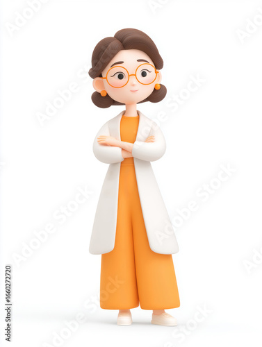 3D woman wearing glasses with her arms folded