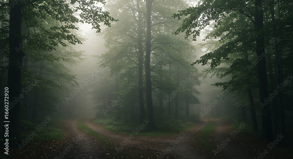 Fototapeta premium This beautiful landscape is a study in light and atmosphere. The misty forest is filled with a soft, diffused light that creates a sense of peaceful wonder.