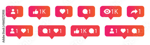 Set of vector social media notification icons with vibrant color love, comment and views count