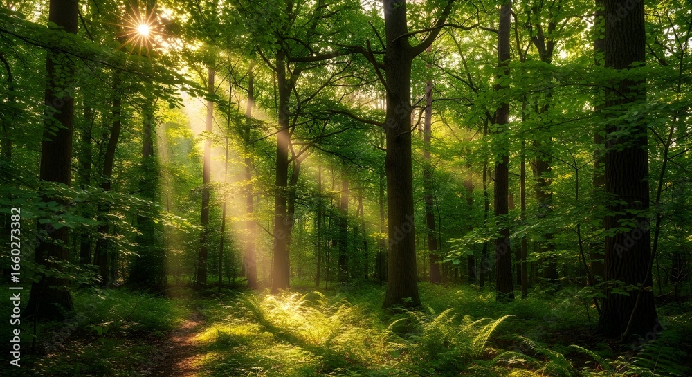 Obraz premium Dense green forest illuminated by sunlightNatural woodland with bright raysMorning sun in a peaceful fores